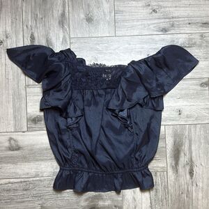 Anthropologie Porridge Ladies Blue Gathered Lace Blouse Size XS